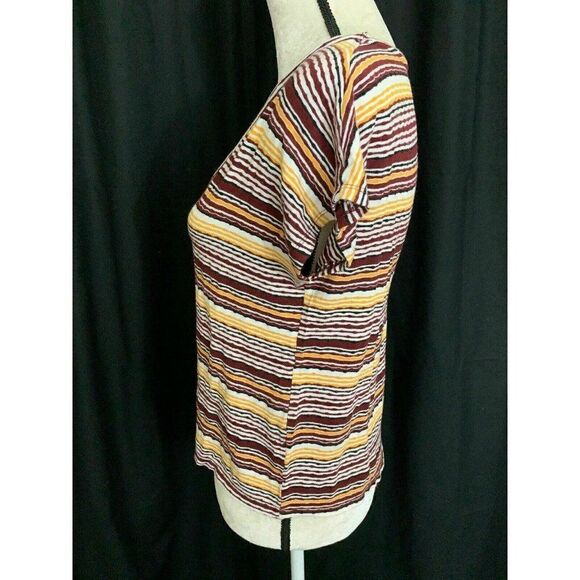 Zara Womens Yellow White Burgundy Striped V Neck Short Sleeve Top T Shirt Small - Picture 3 of 6